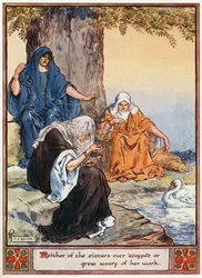 "Ingen av systrarna har någonsin slutat eller tröttnat på sitt arbete", illustration från "The Heroes of Asgard, Tales from Scandinavian Mythology", av A und E Keary, 1930